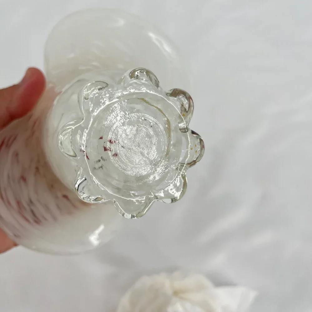 Vintage Clear Glass White‎ Confetti Hand Blown  Basket with Handle